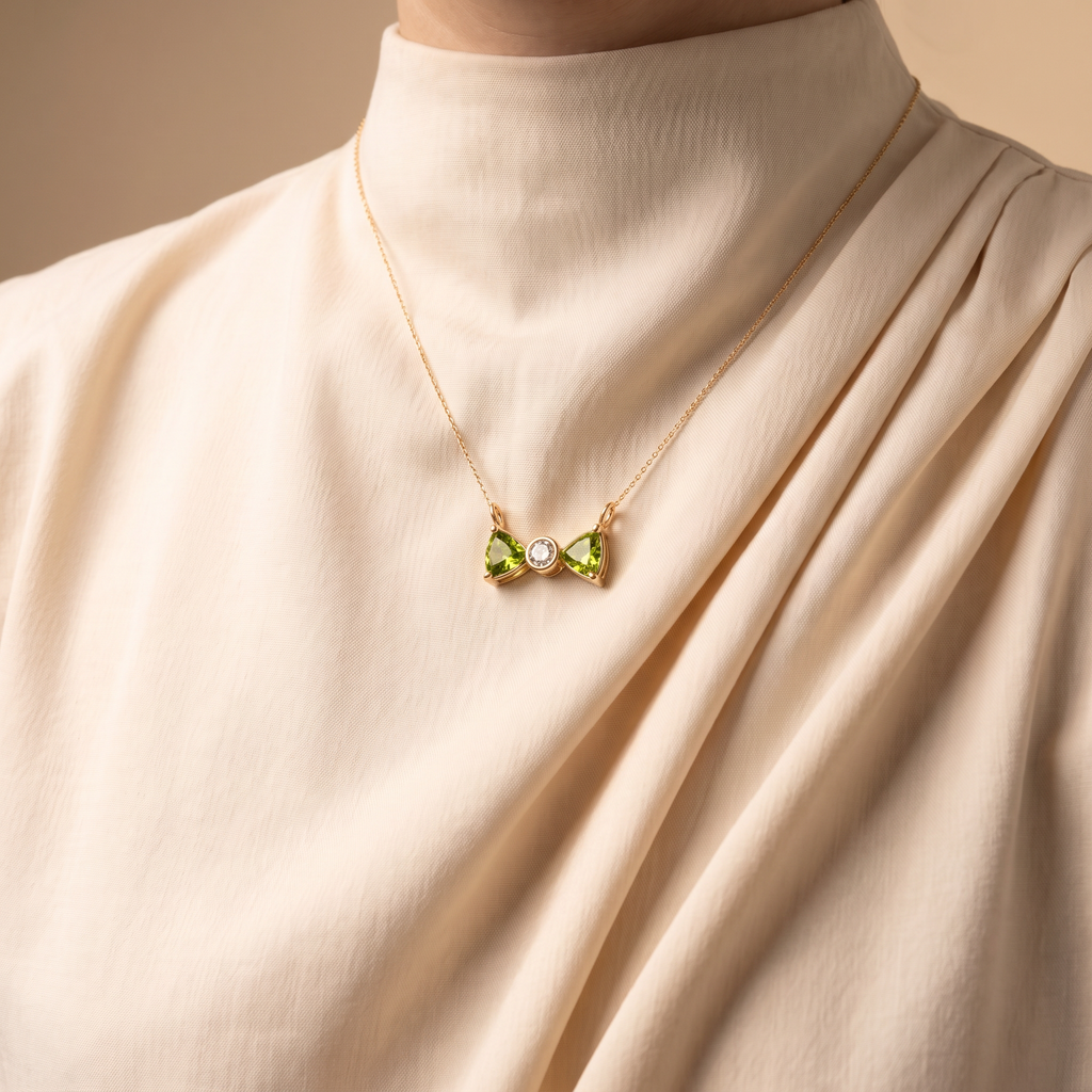 Bow Pendant · Peridot and Diamond, worn